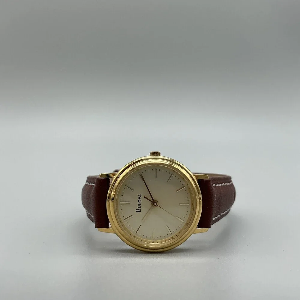 Bulova Womens Watch 26mm Cream Dial Brown Leather Strap Gold Tone New Battery